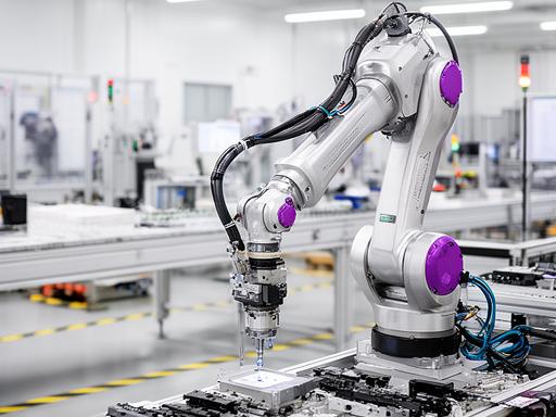 AI-powered robotic arm performing precision assembly in a bright modern Dublin manufacturing facility with clean white lighting